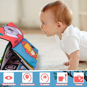 Montessori-inspired sensory baby tummy time mirror toy with textured cloth book and soft teethers