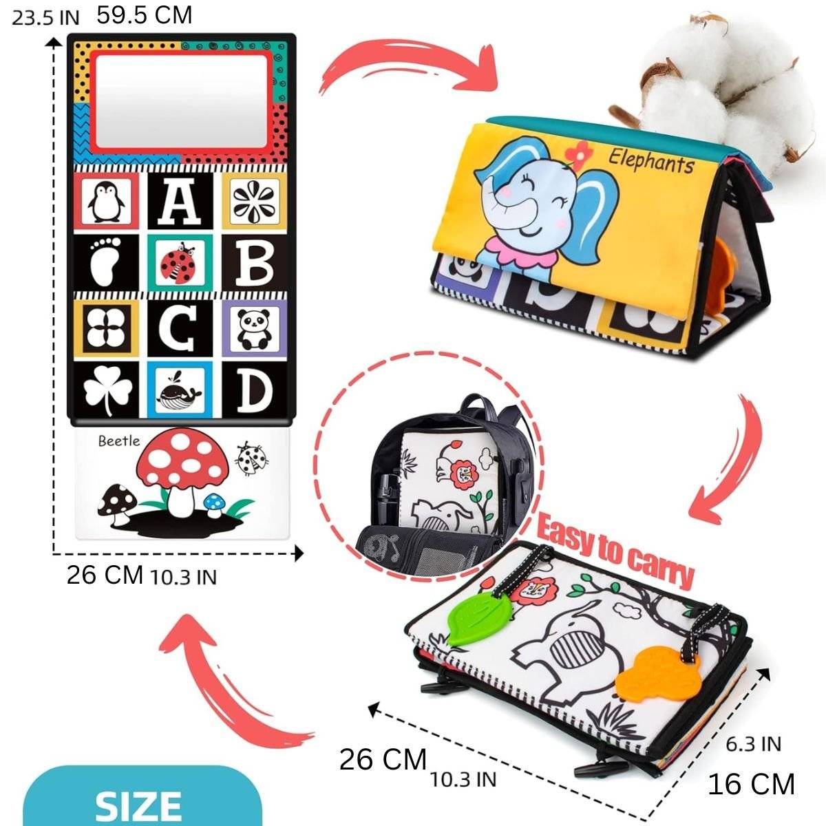 Montessori-inspired sensory tummy time mirror toy with textured book and soft teethers for baby development