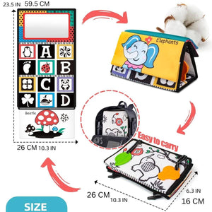 Montessori-inspired sensory tummy time mirror toy with textured book and soft teethers for baby development