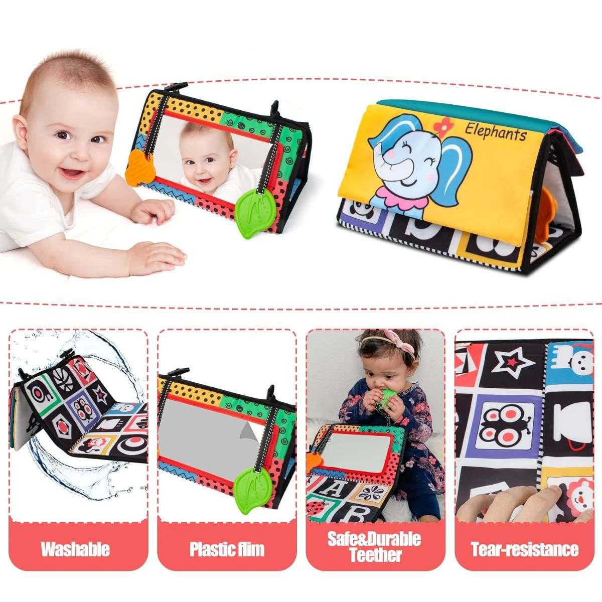 Montessori-inspired sensory tummy time mirror toy with textured book and teethers for baby development