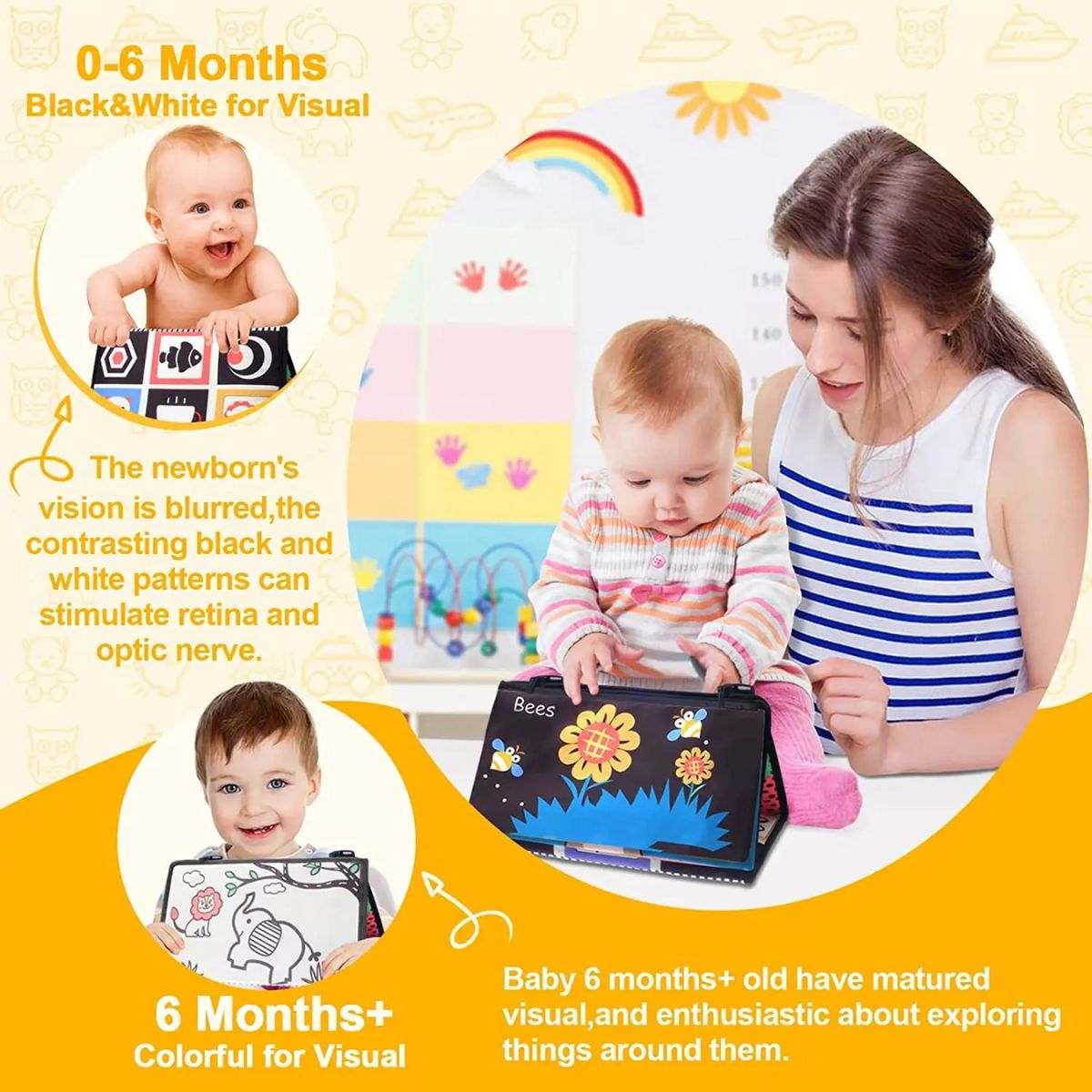 Montessori-inspired sensory tummy time mirror toy with textured book and soft teethers for baby development