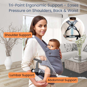 Toddly SnugNest ergonomic baby carrier with adjustable seat and padded straps for hip-healthy, hands-free comfort