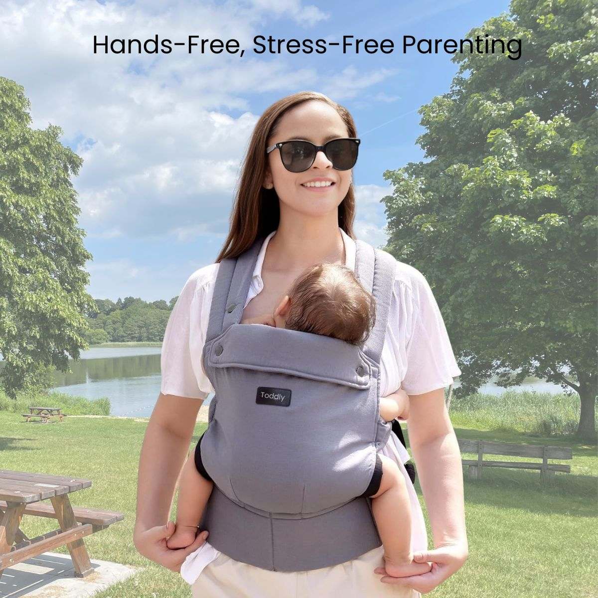 Toddly SnugNest ergonomic baby carrier with hip-healthy design and adjustable, comfortable fit for newborns to toddlers.