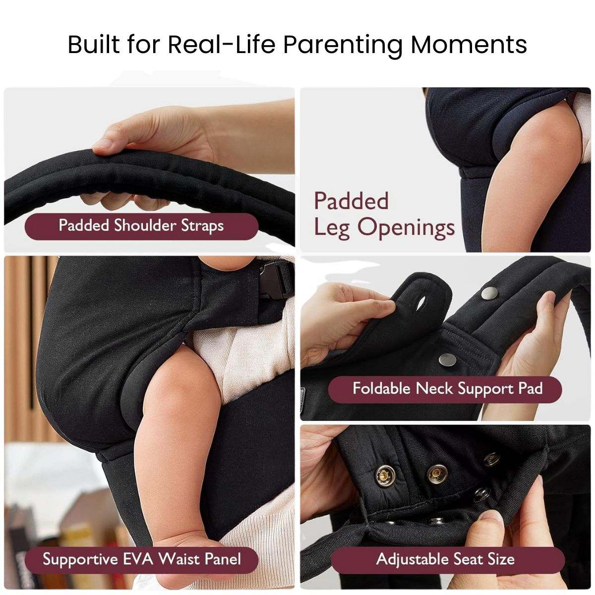 Toddly SnugNest ergonomic baby carrier with adjustable seat and padded straps for hip-healthy, hands-free comfort
