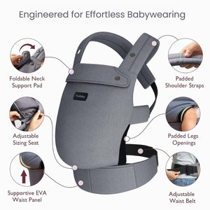Toddly SnugNest ergonomic baby carrier with adjustable seat and padded straps for hip-healthy, hands-free comfort from newborn to toddler.