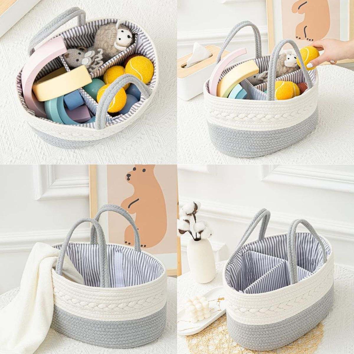 Toddly Urban Ease nappy caddy with multiple compartments and eco-friendly cotton rope for baby organization