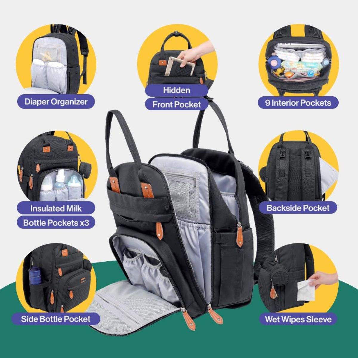 Toddly Urban Ease Series waterproof diaper bag with multiple compartments and portable changing pad for organized parenting on the go