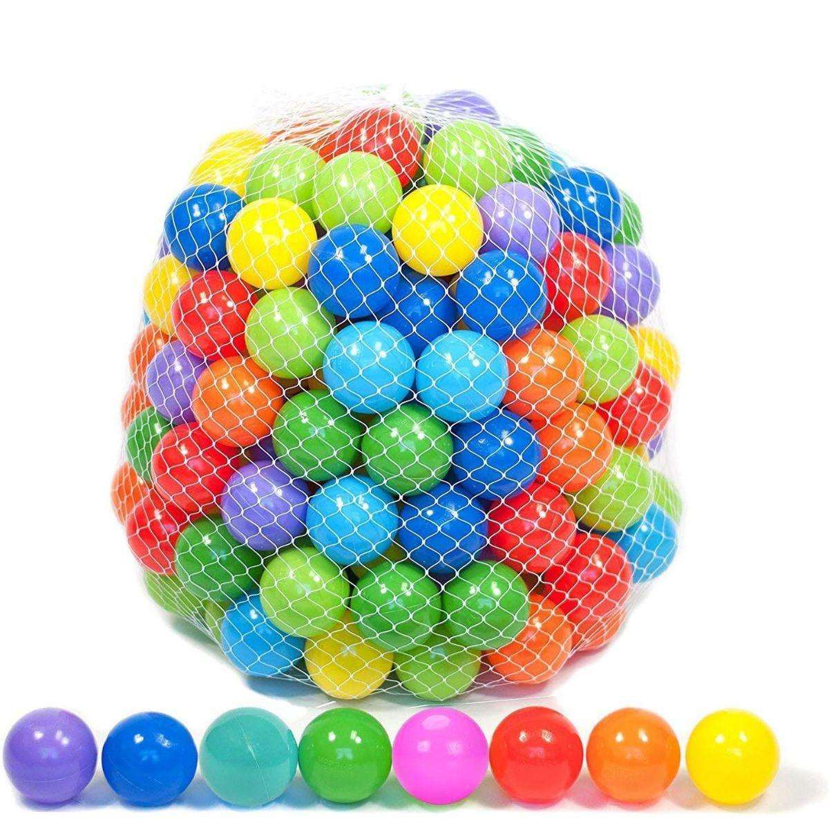 BabiePlay Colourful Odyssey Ball Pit Balls in vibrant assorted colors, 5.5cm diameter, non-toxic and BPA-free, packaged in a mesh bag.