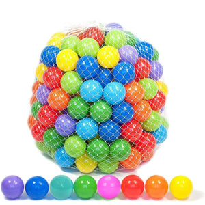 BabiePlay Colourful Odyssey Ball Pit Balls in vibrant assorted colors, 5.5cm diameter, non-toxic and BPA-free, packaged in a mesh bag.