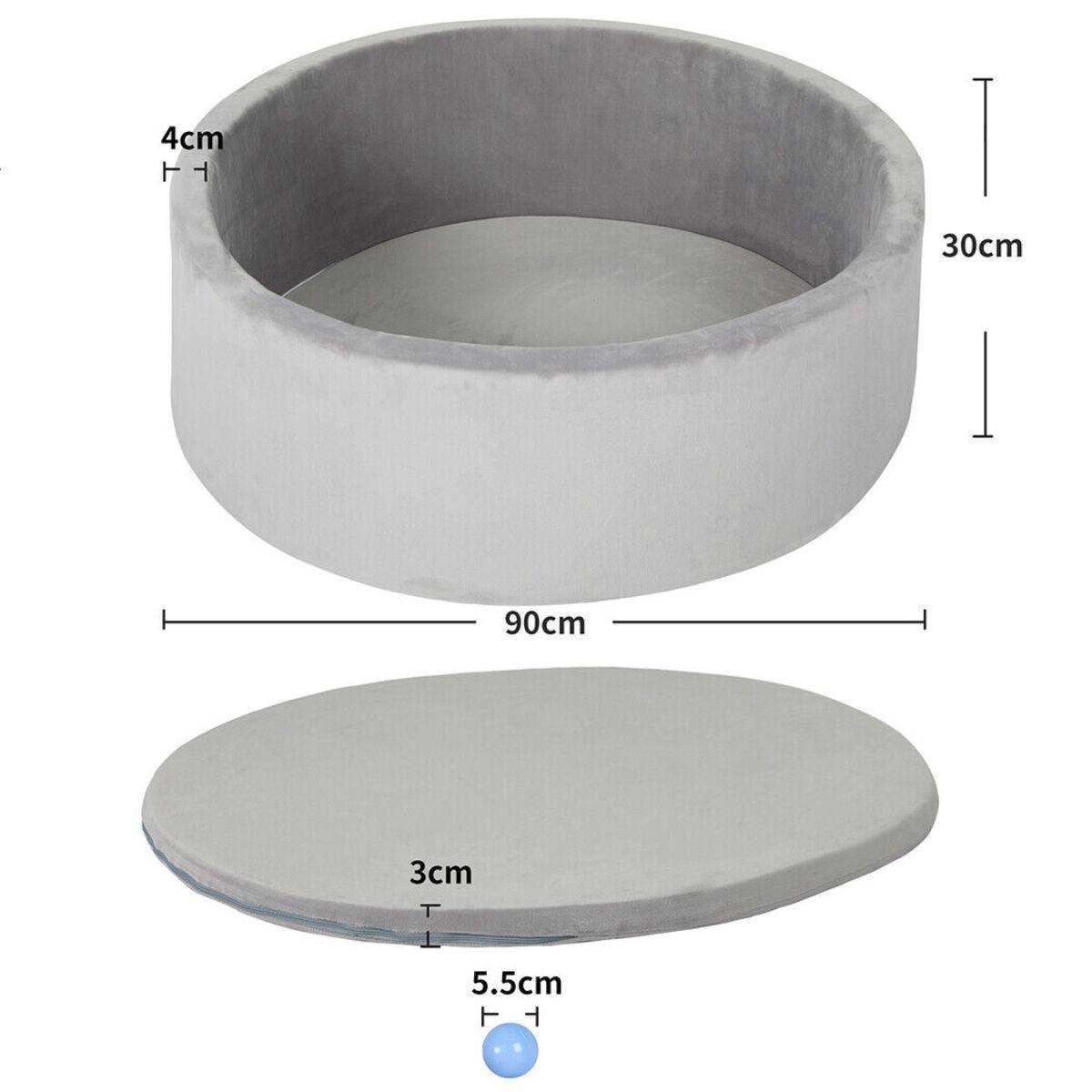 BabiePlay Ultimate Foam Ball Pit in grey with dimensions and soft removable cushion for indoor child play and skill development