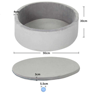 BabiePlay Ultimate Foam Ball Pit in grey with dimensions and soft removable cushion for indoor child play and skill development