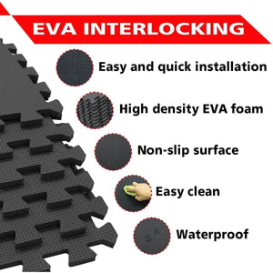 EVA interlocking black foam mats with easy installation, high density, non-slip, easy clean, and waterproof features