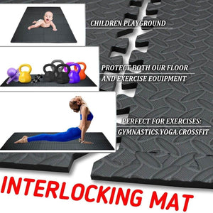 Interlocking black foam mat for children’s play, exercise, gymnastics, yoga, and CrossFit with floor protection features