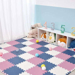 Pink Collection Foam Mats interlocking baby play mats in pink, blue, and white with toys and storage cubbies