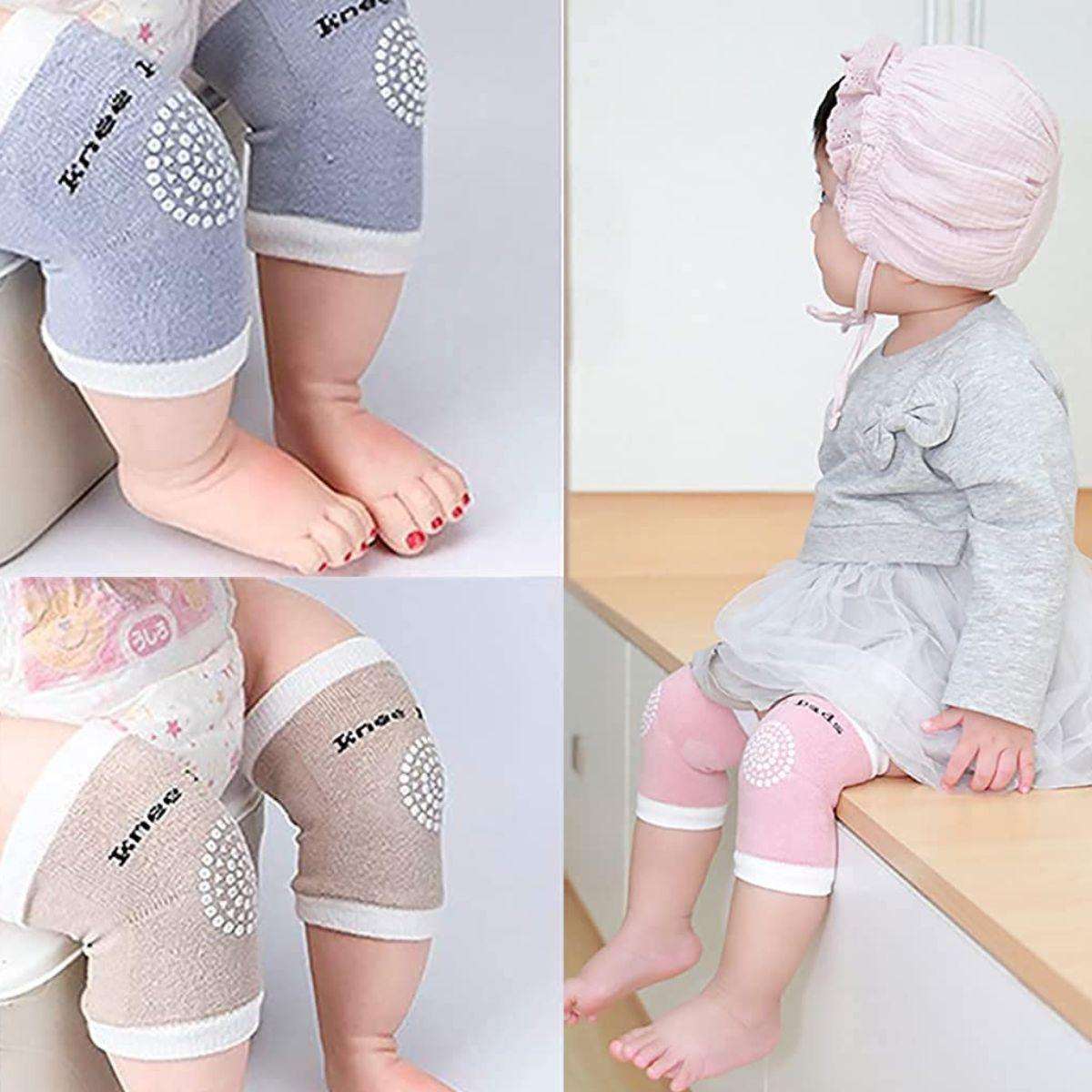 Baby wearing Feather & Fawn CrawlGuard anti-slip knee pads in pink, beige, and blue, demonstrating protection and comfort during crawling and walking.
