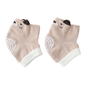 Feather & Fawn CrawlGuard anti-slip baby knee pad pair with bear design and non-slip grip