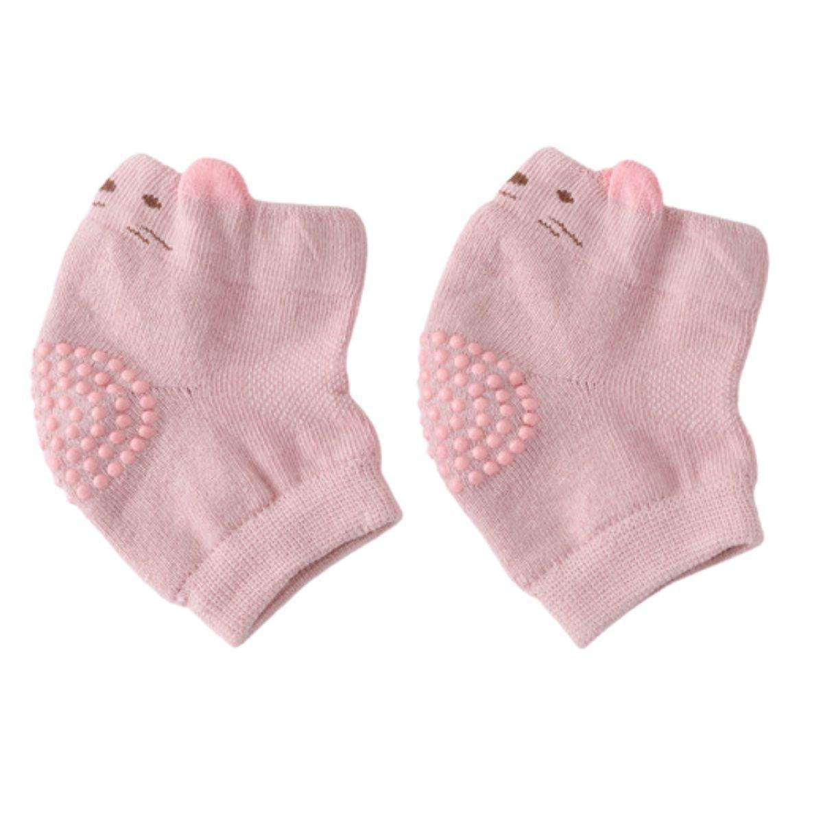 Feather & Fawn CrawlGuard pink baby knee pads with anti-slip grips and cute animal face design