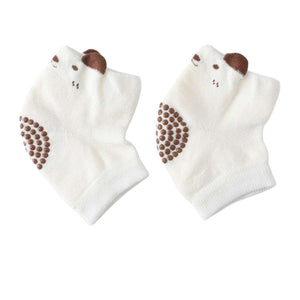 Feather & Fawn CrawlGuard anti-slip baby knee pads with cute bear design and grip dots for crawling safety