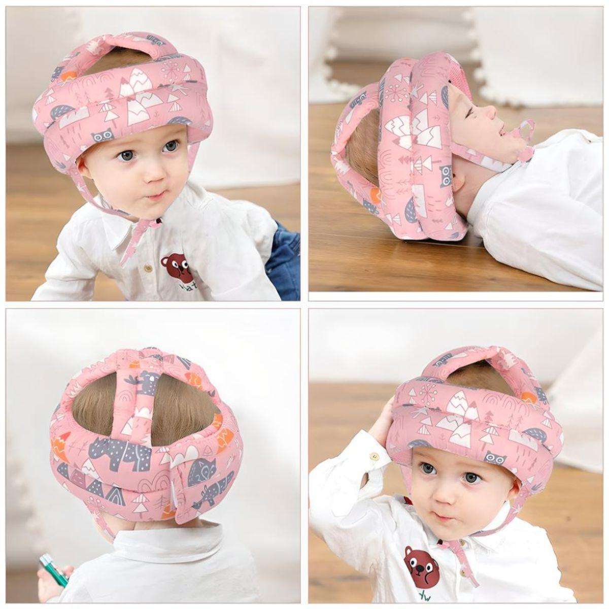 Baby wearing pink Feather & Fawn ProtectCap safety helmet with adjustable straps and breathable cushioning