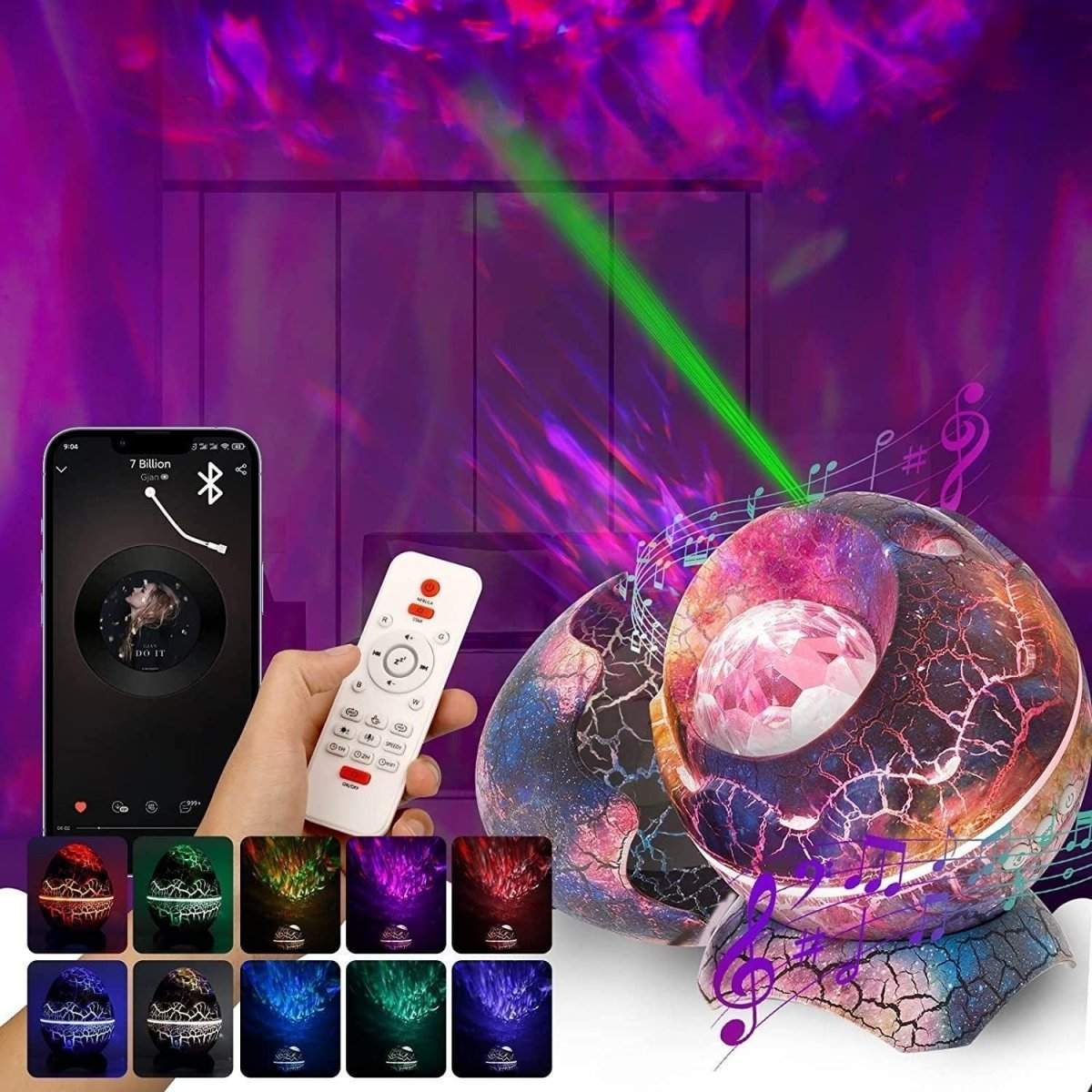 Glowly 4-in-1 Dino Egg galaxy star projector with colorful lighting effects, Bluetooth speaker, remote control, and white noise for kids' bedroom ambiance