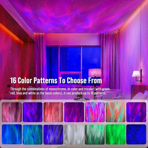 Glowly 4-in-1 Dino Egg galaxy projector showing 16 colorful starry night light patterns in a bedroom setting