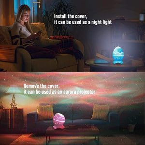 Glowly 4-in-1 Dino Egg night light and aurora projector in living room settings