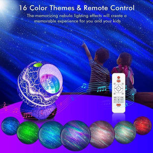 Glowly 4-in-1 Dino Egg Galaxy Projector with 16 colorful nebula lighting effects, remote control, and kids enjoying starry night projection.