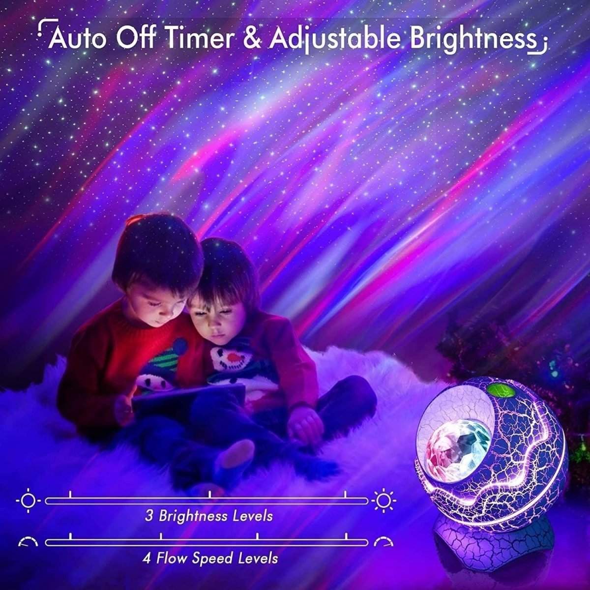 Glowly 4-in-1 Dino Egg galaxy projector night light showing starry sky with children on soft rug and adjustable brightness and timer features
