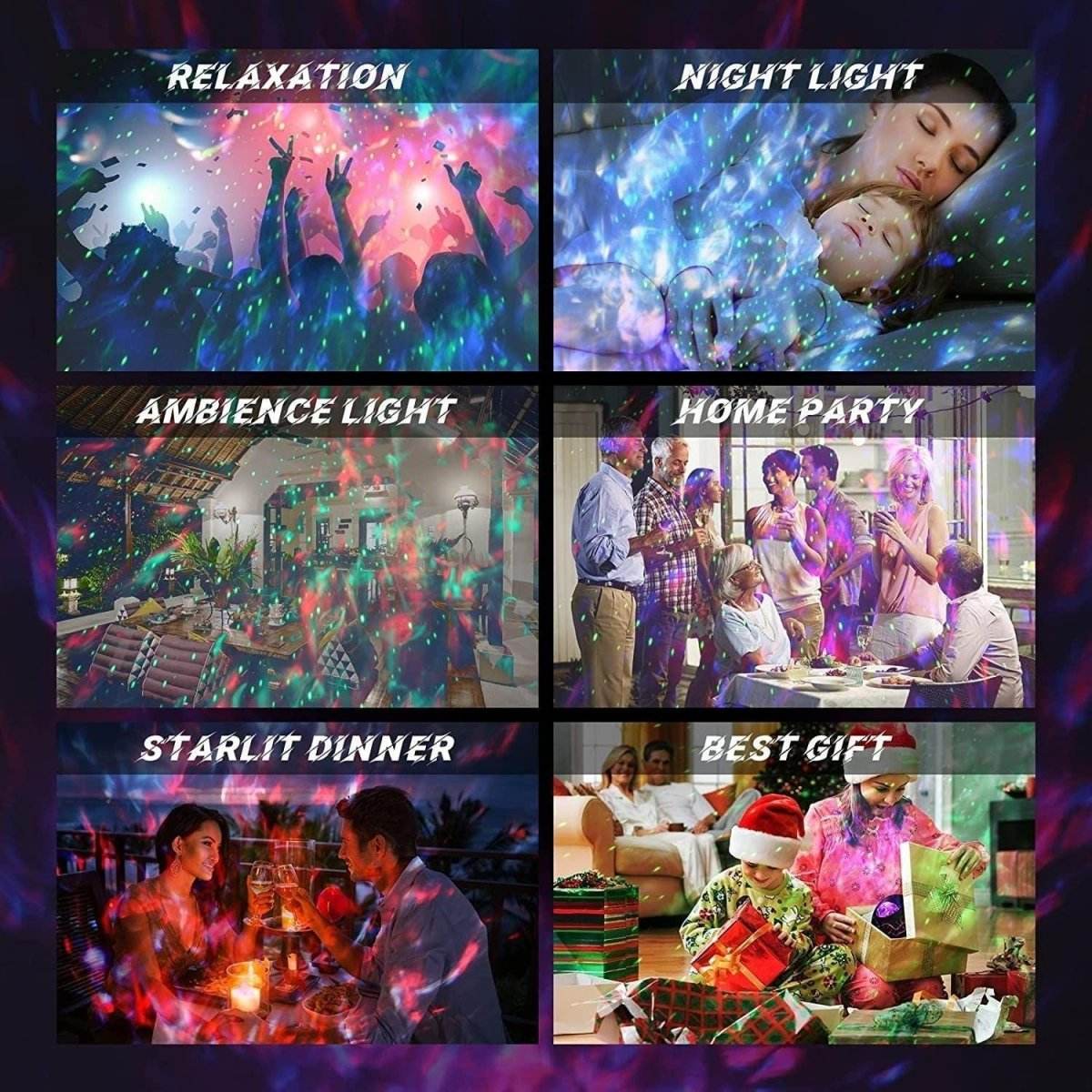 Glowly 4-in-1 Dino Egg galaxy projector creating colorful light effects for relaxation, night light, ambiance, parties, dinners, and gifts