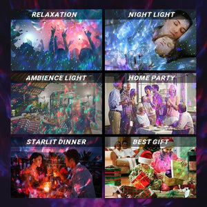 Glowly 4-in-1 Dino Egg galaxy projector creating colorful light effects for relaxation, night light, ambiance, parties, dinners, and gifts