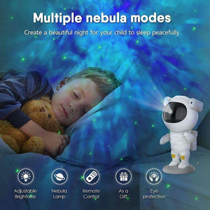 Glowly Astronaut LED galaxy projector casting multiple nebula modes for a peaceful child's sleep with adjustable brightness and remote control