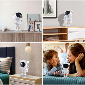 Glowly Astronaut LED galaxy projector displayed in various home settings, creating starry night light ambiance