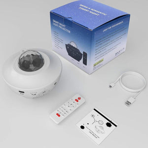 Glowly Galaxy Projector with remote, USB cable, and user manual beside its blue packaging box