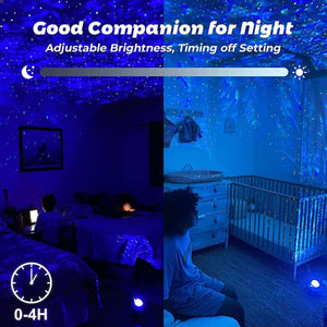 Glowly Galaxy Projector star night light with adjustable brightness and timing off setting in bedroom and nursery rooms