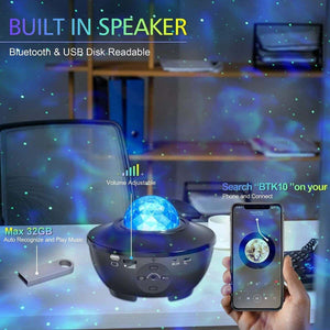 Glowly Galaxy Projector with Bluetooth, built-in speaker, and USB music play displaying stars in a room setting with smartphone control