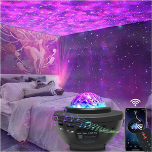 Glowly Galaxy Projector star night light casting purple galaxy stars on bedroom ceiling with Bluetooth control and remote.