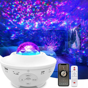Glowly Galaxy Projector star night light with Bluetooth and remote, projecting colorful cosmic patterns on the ceiling.