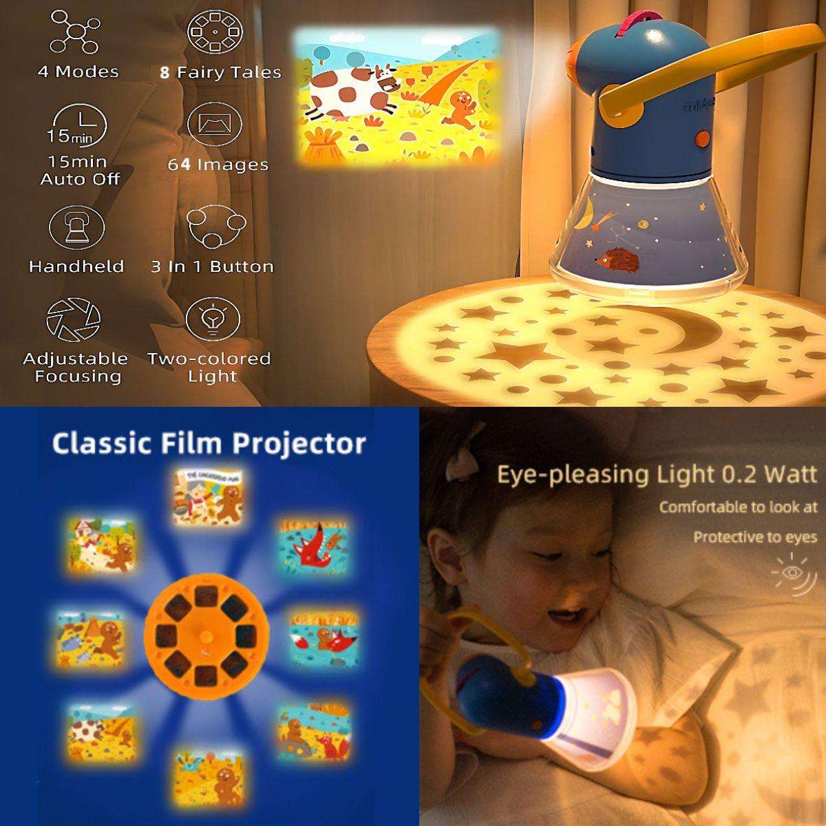 Magical Storybook Projector for kids showing fairy tale images with adjustable focus and night light features