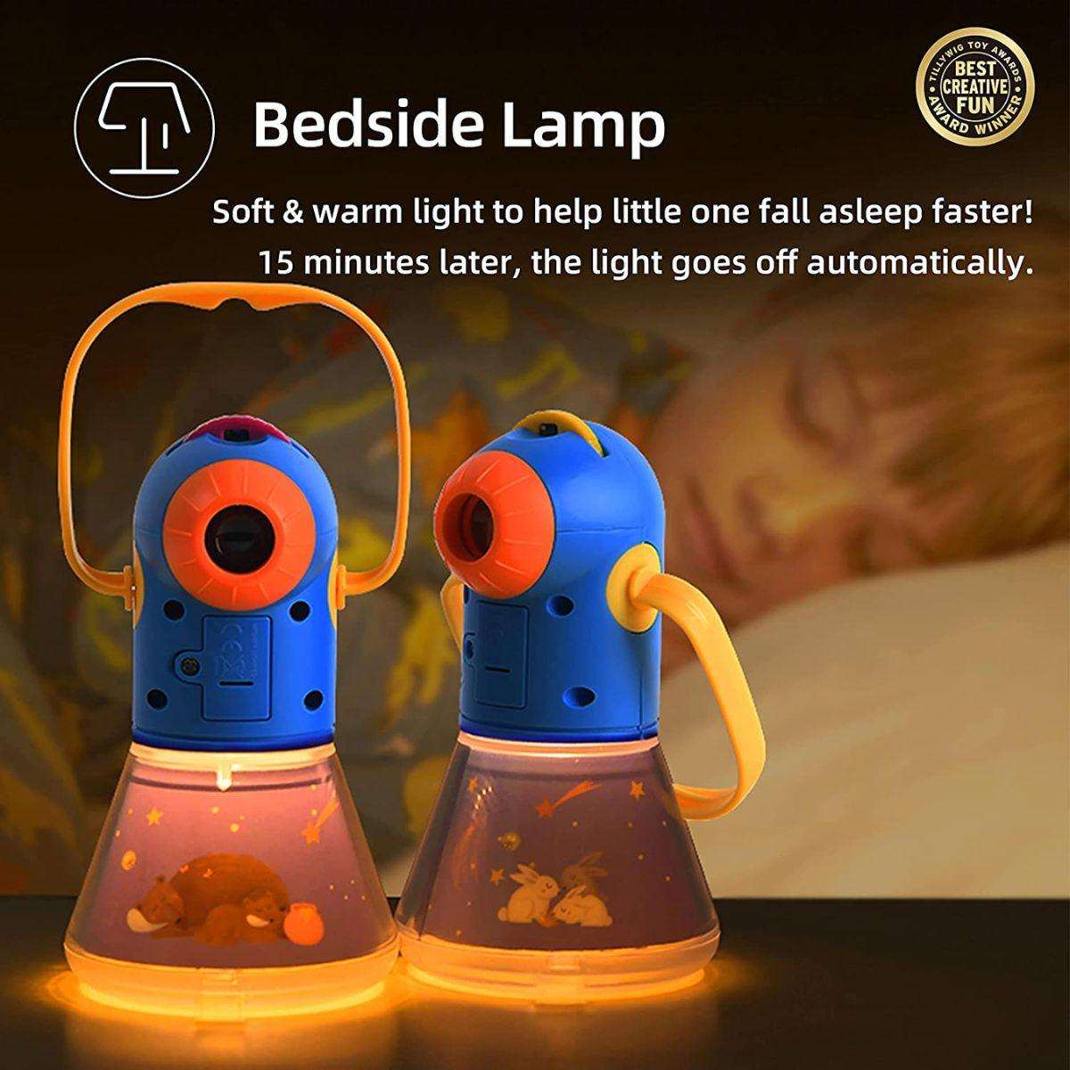 Magical Storybook Projector bedside lamp with warm light and automatic 15-minute shut-off for kids' bedtime