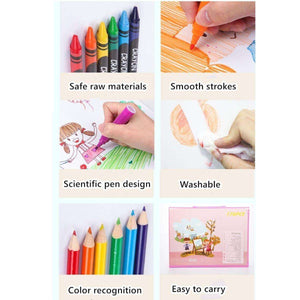 Kidst 208 Pieces art supplies kit showing crayons, smooth strokes, pen design, washable materials, colored pencils, and portable case