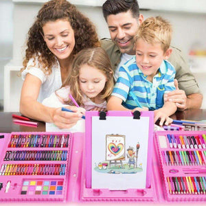 Family using Kidst 208 Pieces deluxe art supplies kit with double-sided easel and colorful art materials