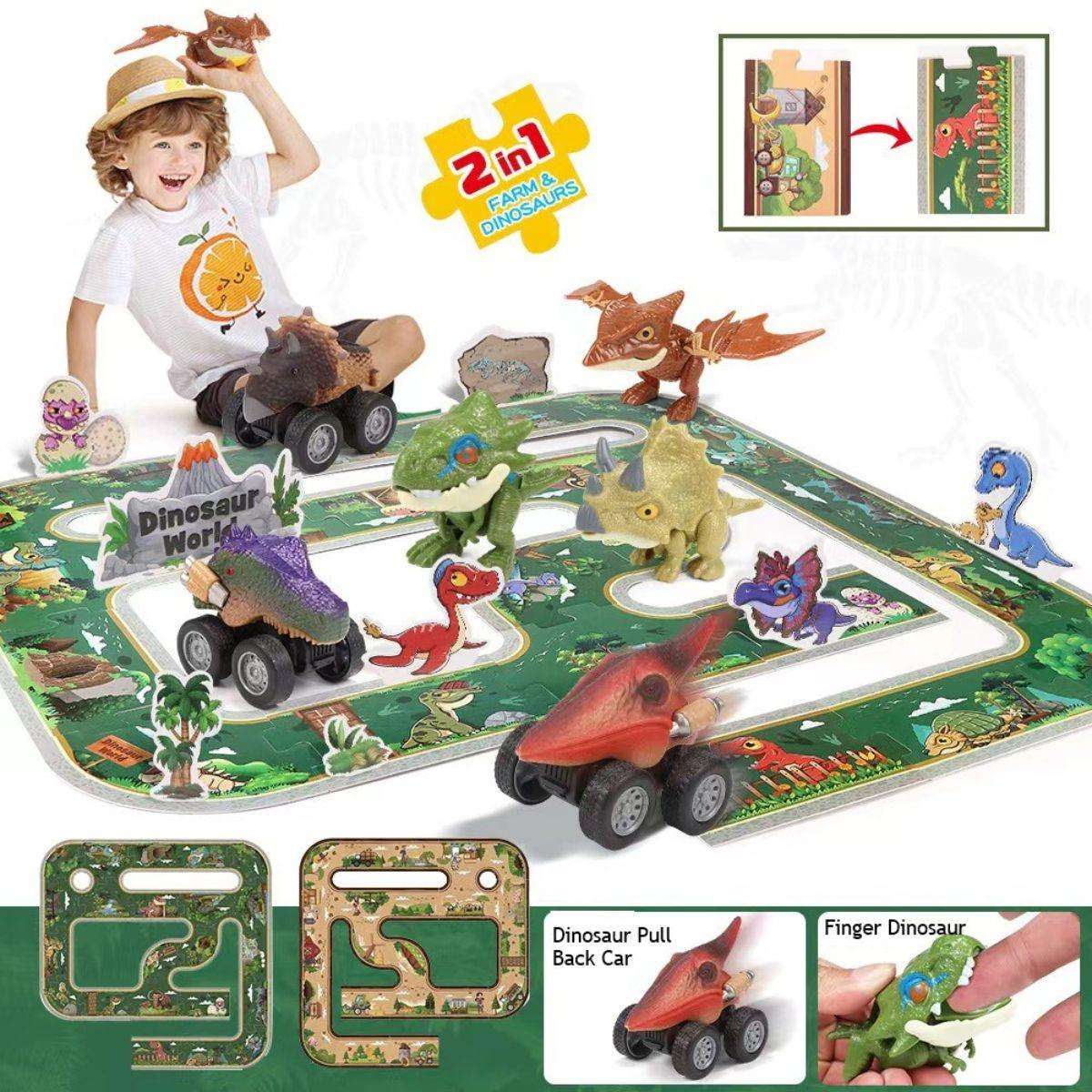 Kidst 3D Dinosaur Puzzle playset with 3 pull-back dinosaur cars and dual-sided prehistoric and farm scenes for educational fun.