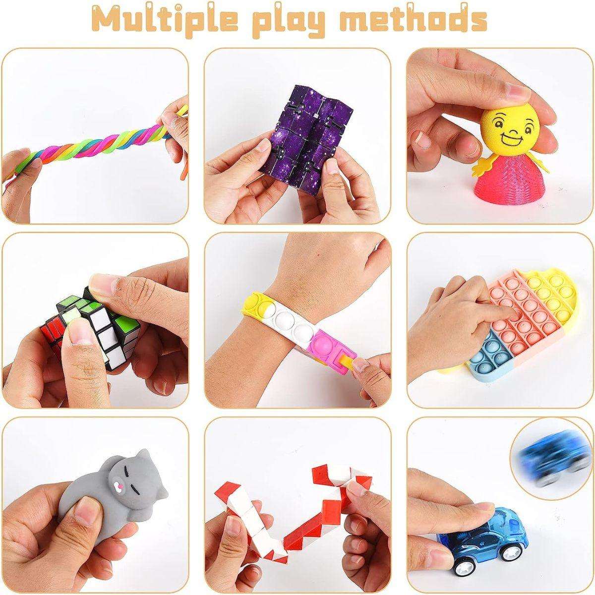 Kidst Fidget Sensory Toy Set showing various stress relief and focus toys including spinners, pop bracelets, puzzle cubes, and pull-back cars