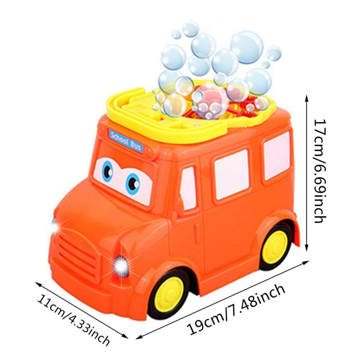 School Bus Bubble Blower toy in orange with yellow roof blowing bubbles, dimensions 19x11x17 cm