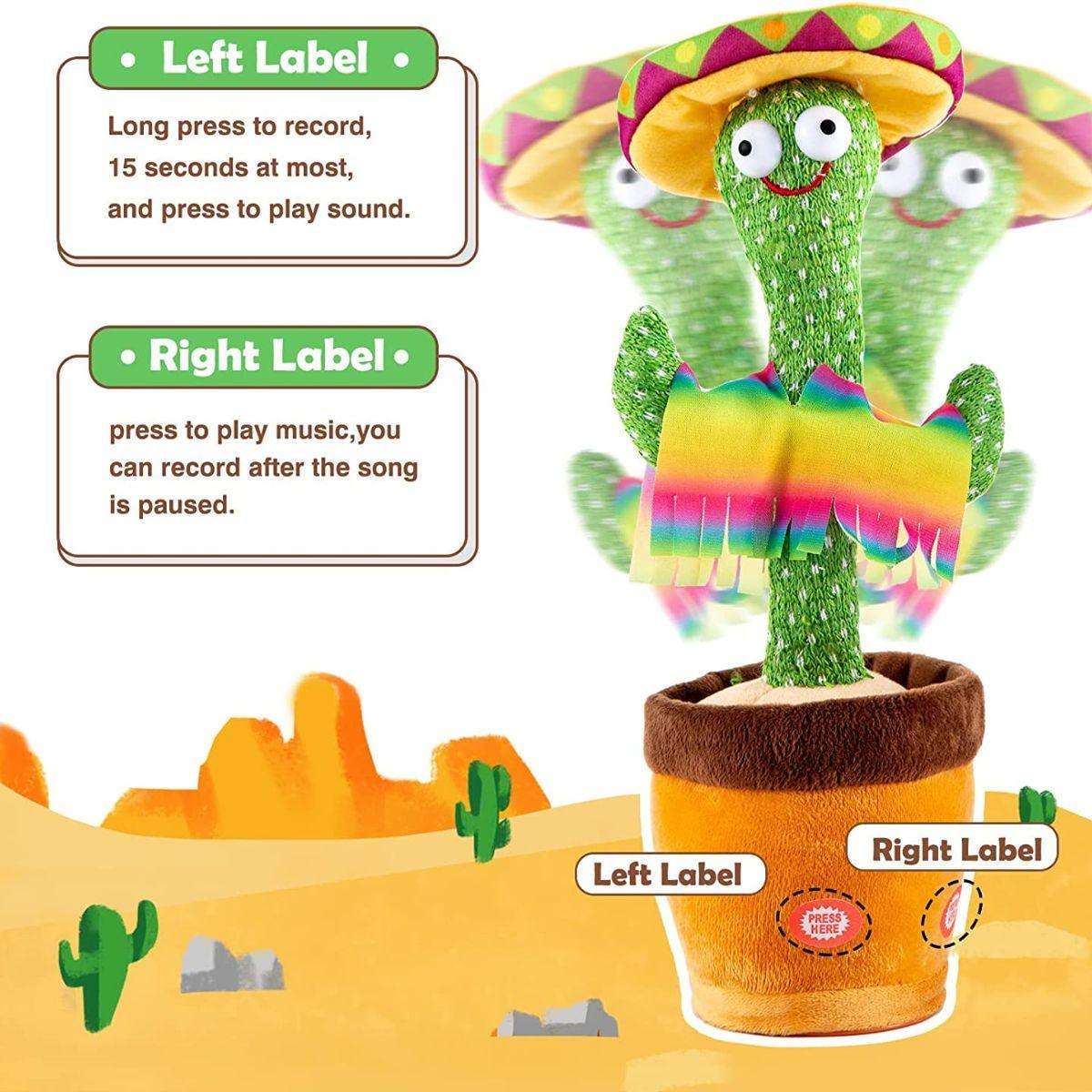 Dancing Cactus Repeat Talking plush toy with colorful poncho and sombrero in a brown pot, showing left and right label buttons for recording and playing music against desert background