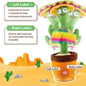 Dancing Cactus Repeat Talking plush toy with colorful poncho and sombrero in a brown pot, showing left and right label buttons for recording and playing music against desert background