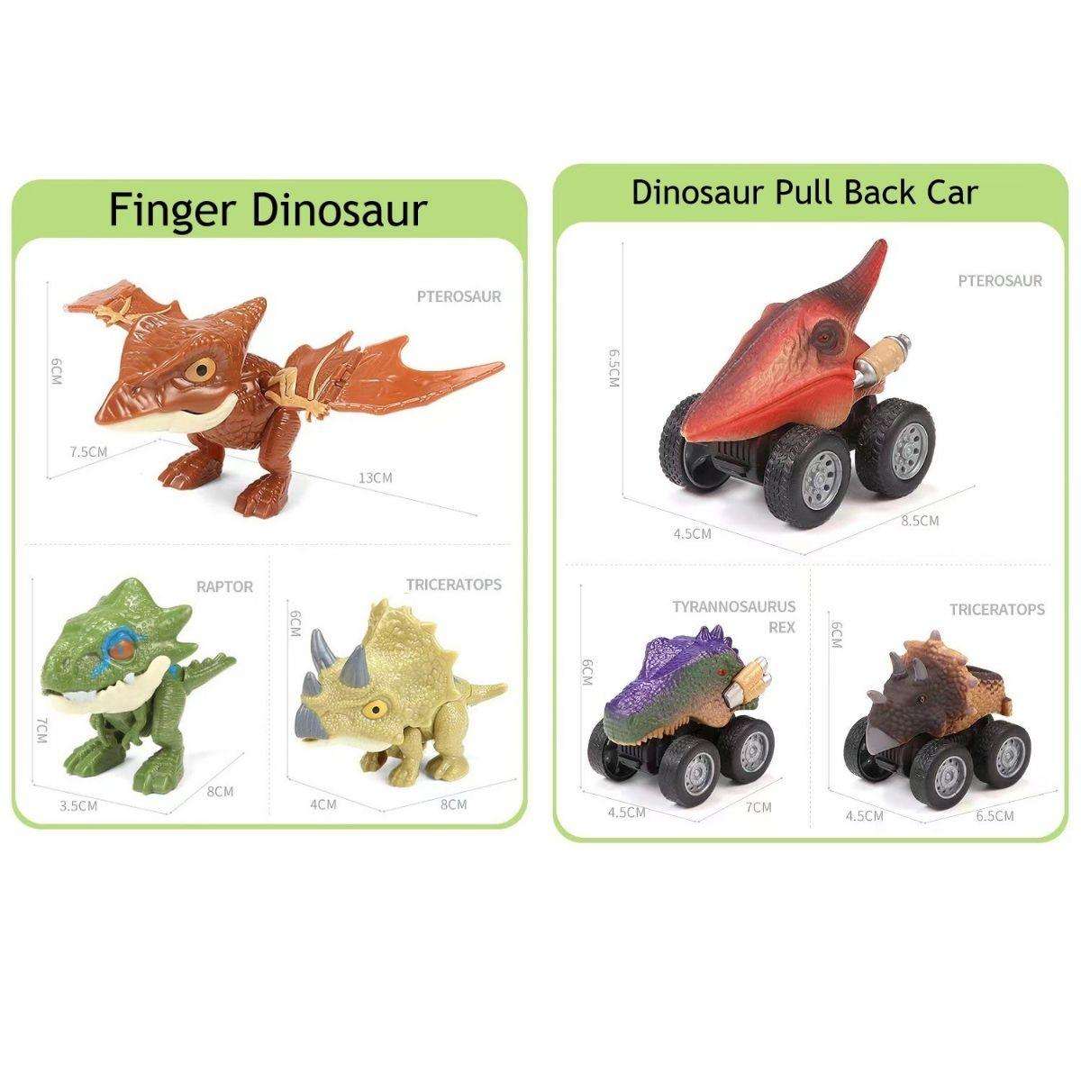 Kidst Dino Adventure pull-back dinosaur toy cars and finger dinosaur figures with dimensions and names labeled