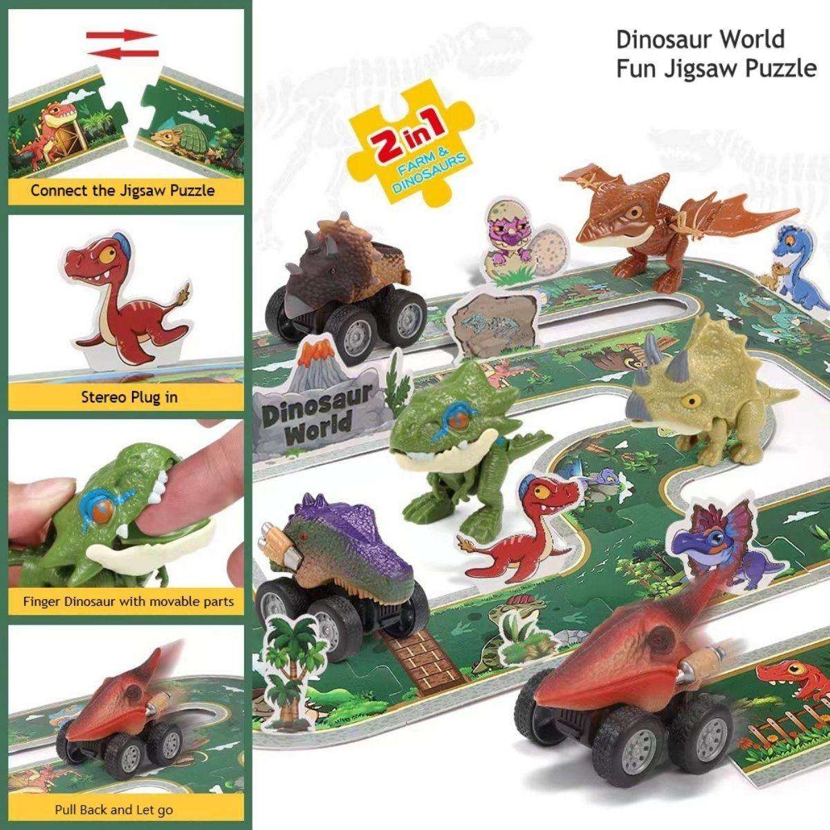 Kidst Dino Adventure 3D dinosaur puzzle with pull-back toy cars and realistic dinosaur figures on play mat