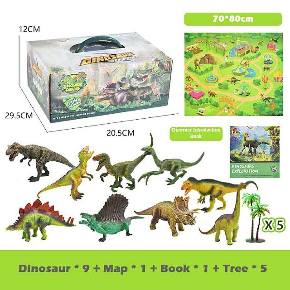 Kidst Dinosaur Play Set with 9 realistic dinosaur toys, soft activity mat, introduction book, and 5 trees in a portable carrying case