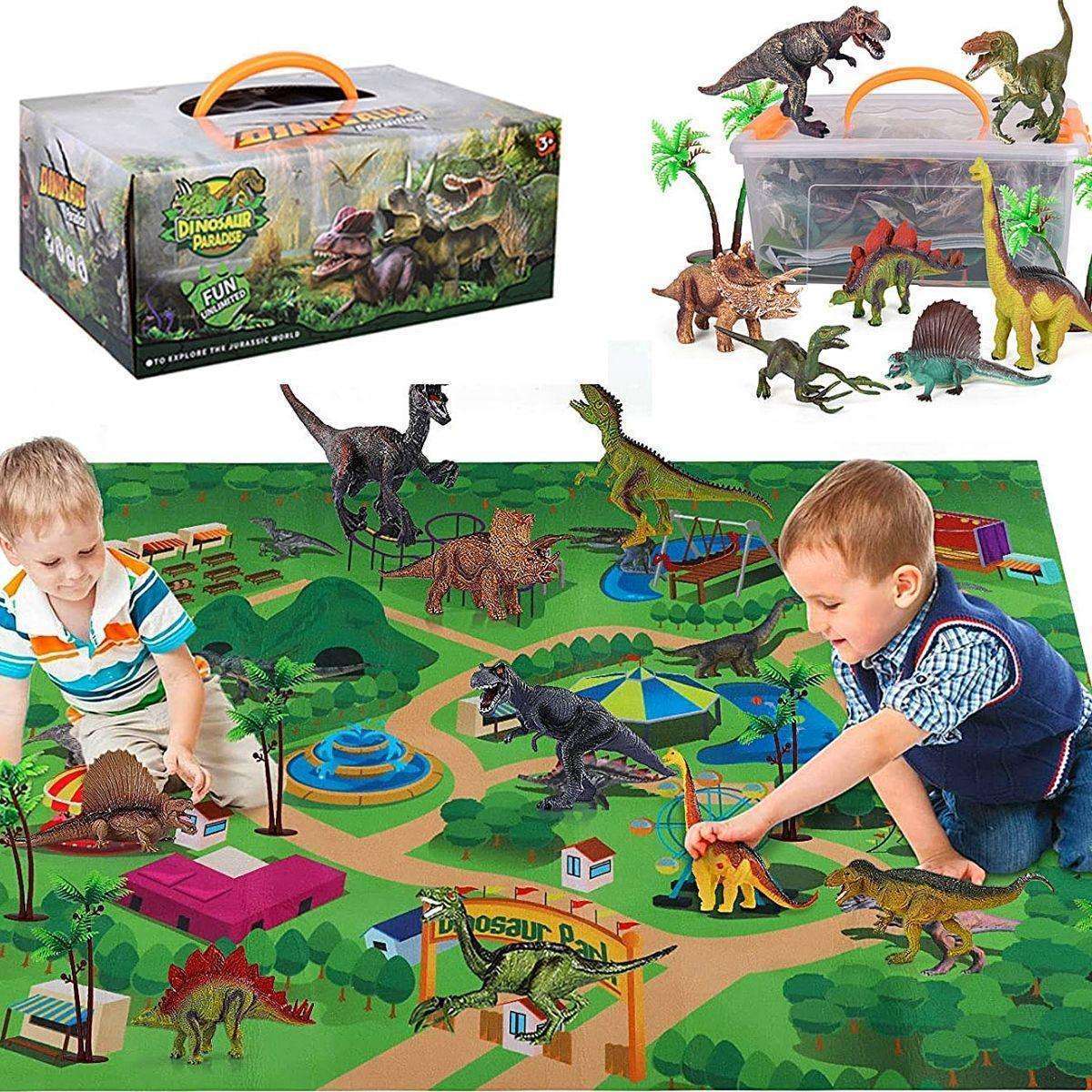 Kidst Dinosaur Play Set with 9 realistic dinosaur toys, soft activity mat, and carrying case for imaginative prehistoric play